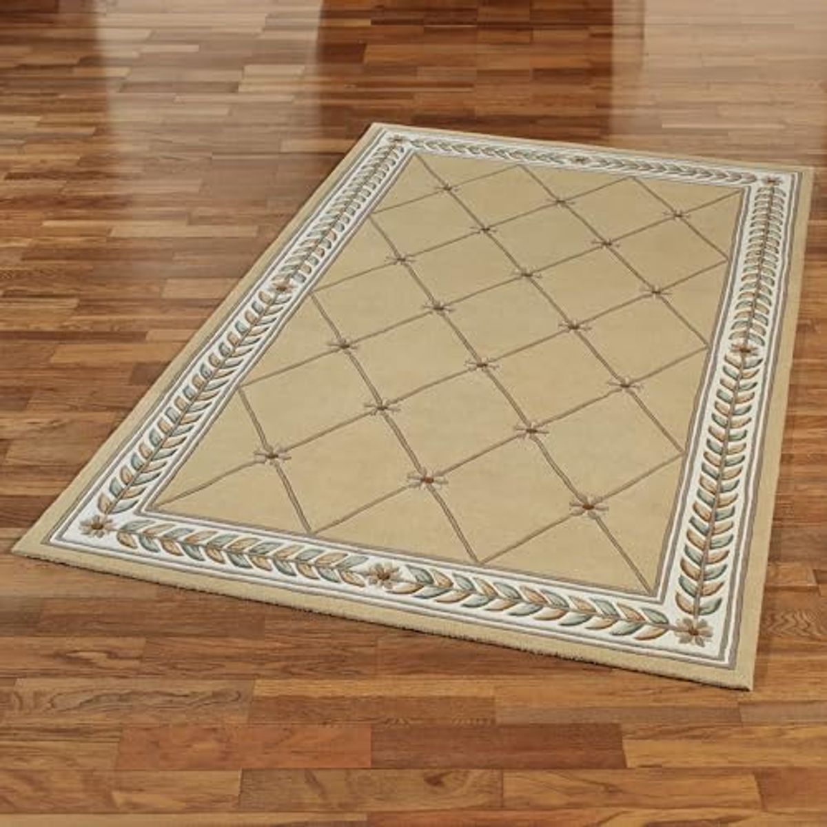 Fleurette Traditional Area Rug | 5 feet 3 inches x 8 feet | Antique Classic Gold | Elegant Hand-tufted and Handcarved Pure Wool Rectangle Area Rug with Classic Diamond Latticework, Florals & Leaves