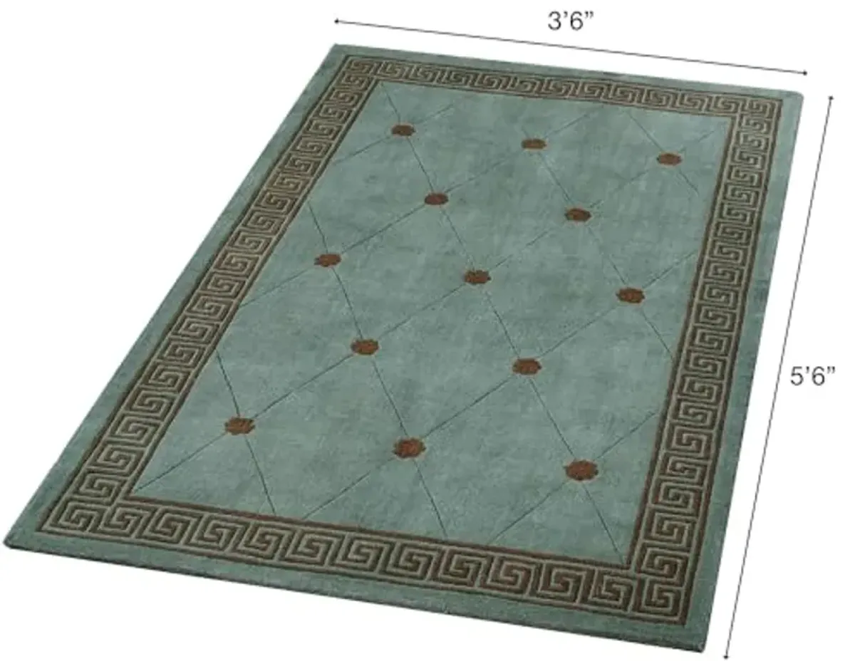 Classical Athens Greek Key Area Rug | 3 feet 6 inches x 5 feet 6 inches | Slate Blue and Chocolate Brown | Hand-Tufted and Handcarved Pure Wool Rectangle Area Rug with Luster Washed Sheen