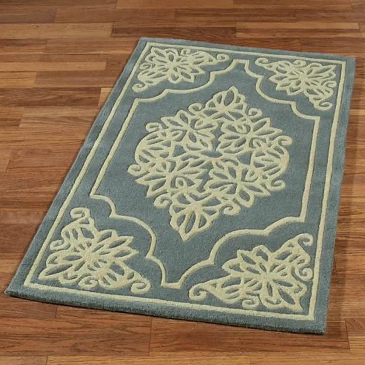 Lucia Lace Area Rug | 2 feet 6 inches x 4 feet 2 inches | Vintage Steel Blue and Wheat Hues | Elegant Scrollwork Medallion & Dotted Pearl Border | Hand-Tufted & Handcarved Pure Wool Rectangle Area Rug