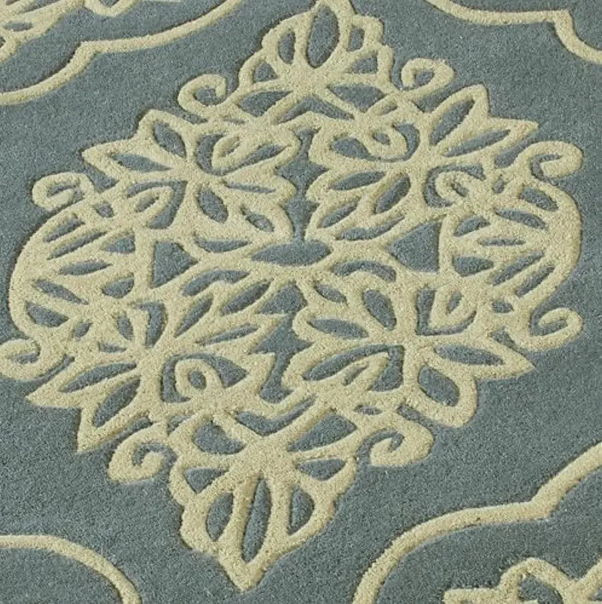 Lucia Lace Area Rug | 2 feet 6 inches x 4 feet 2 inches | Vintage Steel Blue and Wheat Hues | Elegant Scrollwork Medallion & Dotted Pearl Border | Hand-Tufted & Handcarved Pure Wool Rectangle Area Rug