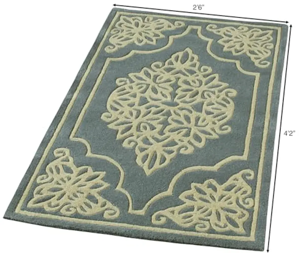 Lucia Lace Area Rug | 2 feet 6 inches x 4 feet 2 inches | Vintage Steel Blue and Wheat Hues | Elegant Scrollwork Medallion & Dotted Pearl Border | Hand-Tufted & Handcarved Pure Wool Rectangle Area Rug