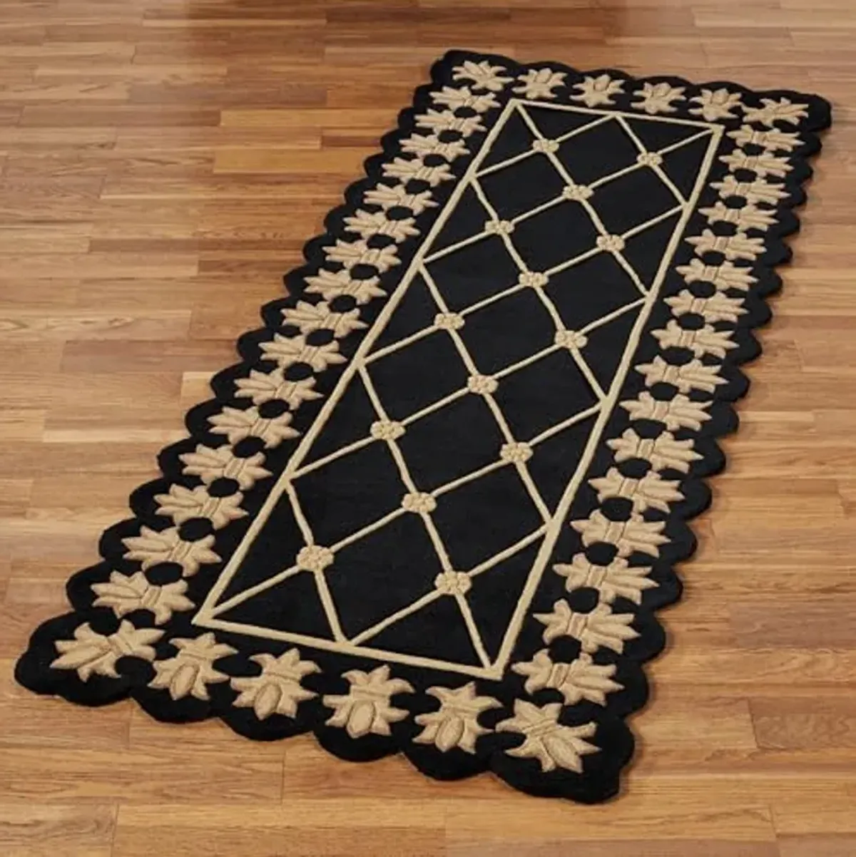 Onyx Empire II Runner Rug | 3 feet x 8 feet | Classic Black with Gold Designs | Royal Fleur-de-lis Frame | Hand-tufted and Handcarved Pure Wool Circle Rectangle Runner Rug with Contour Edges