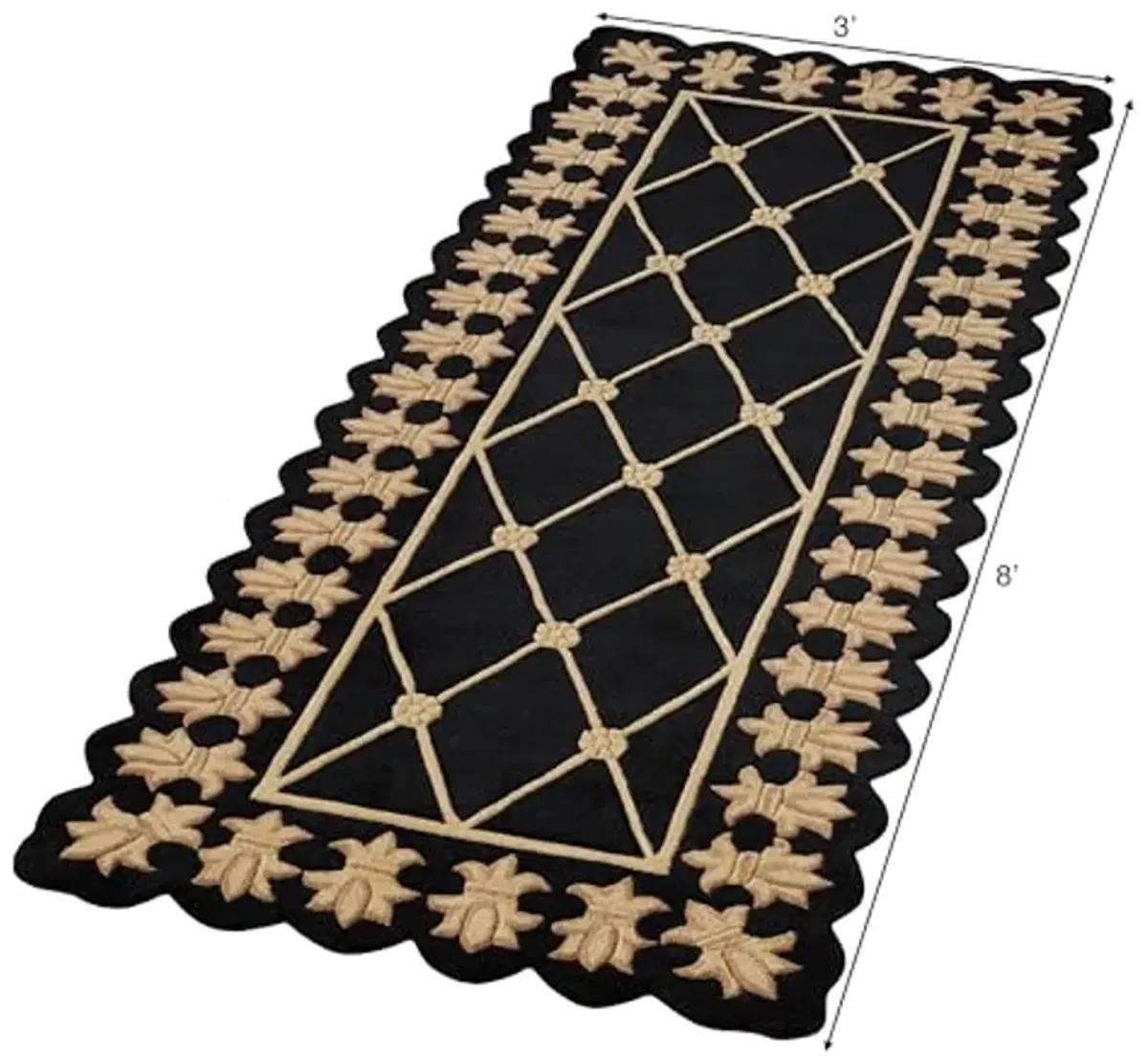 Onyx Empire II Runner Rug | 3 feet x 8 feet | Classic Black with Gold Designs | Royal Fleur-de-lis Frame | Hand-tufted and Handcarved Pure Wool Circle Rectangle Runner Rug with Contour Edges