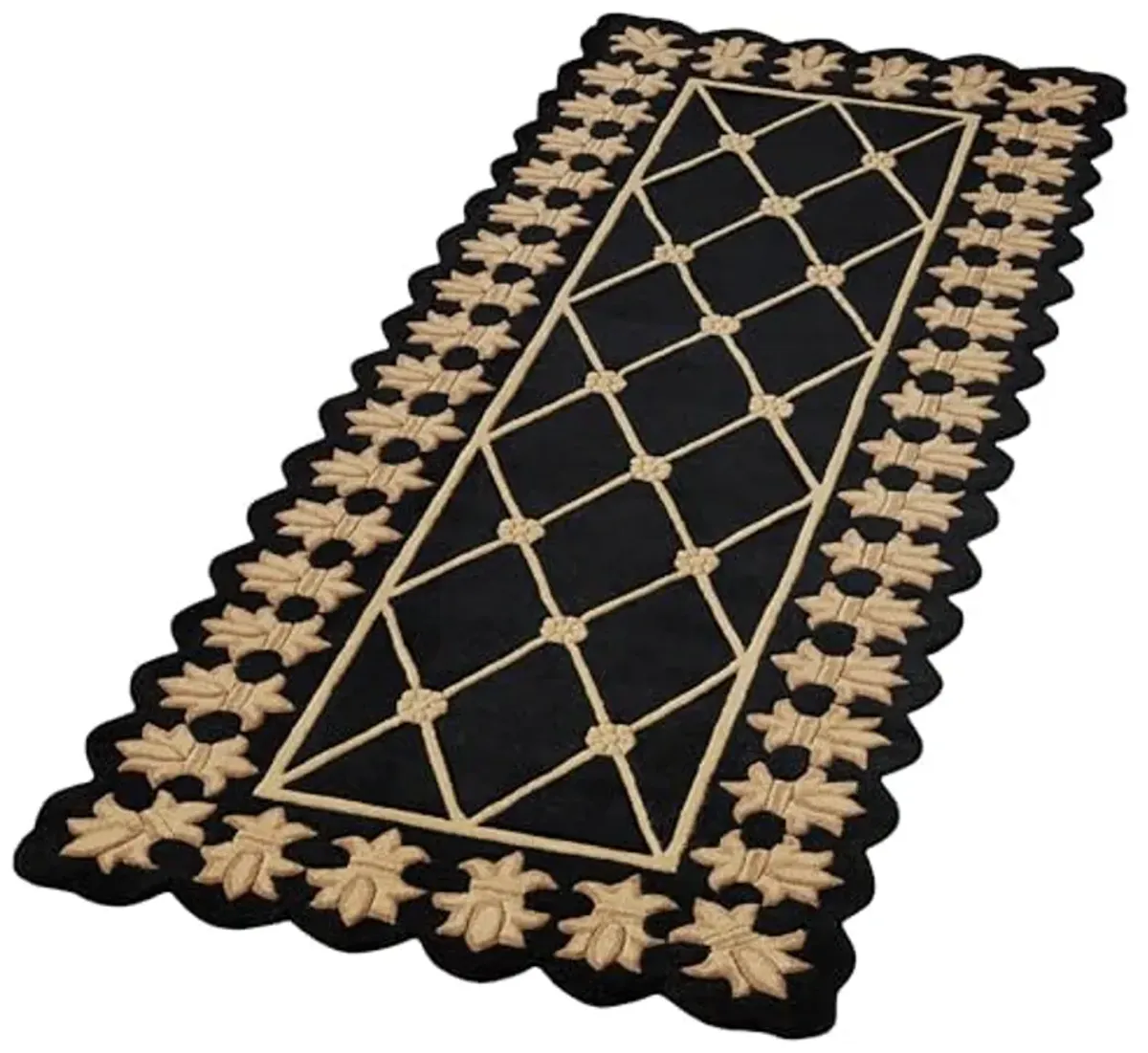 Onyx Empire II Runner Rug | 3 feet x 8 feet | Classic Black with Gold Designs | Royal Fleur-de-lis Frame | Hand-tufted and Handcarved Pure Wool Circle Rectangle Runner Rug with Contour Edges