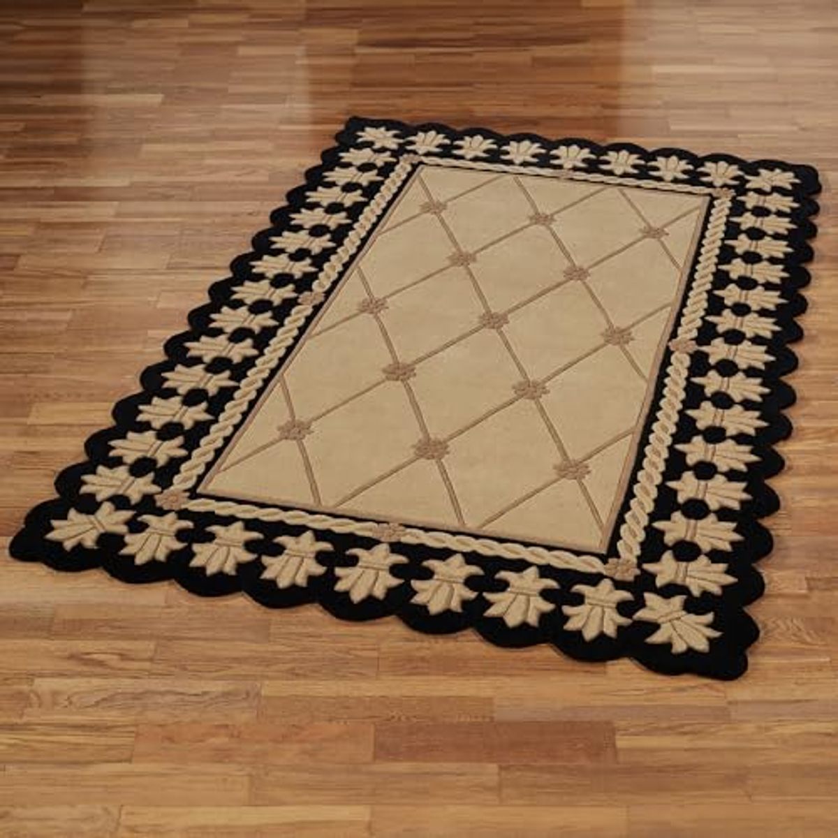 Onyx Empire II Area Rug | 5 feet 3 inches x 8 feet 3 inches | Gold with a Classic Black Frame | Royal Fleur-de-lis Frame | Hand-Tufted and Handcarved Pure Wool Rectangle Area Rug with Contour Edges