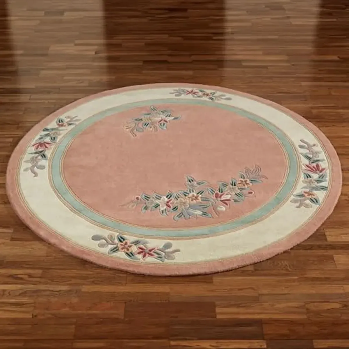 Touch of Class Elegant Corner Floral II Round Rug | Coral Peach | 7 feet 6 inches | Handcarved, Hand-Tufted, Luster Washed, Thick Pure Wool Circle Rug with Traditional Flowers