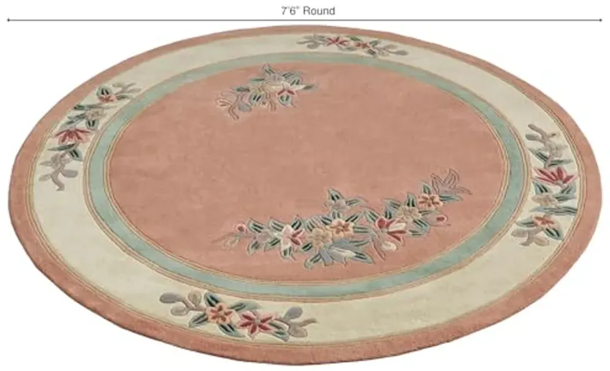 Touch of Class Elegant Corner Floral II Round Rug | Coral Peach | 7 feet 6 inches | Handcarved, Hand-Tufted, Luster Washed, Thick Pure Wool Circle Rug with Traditional Flowers