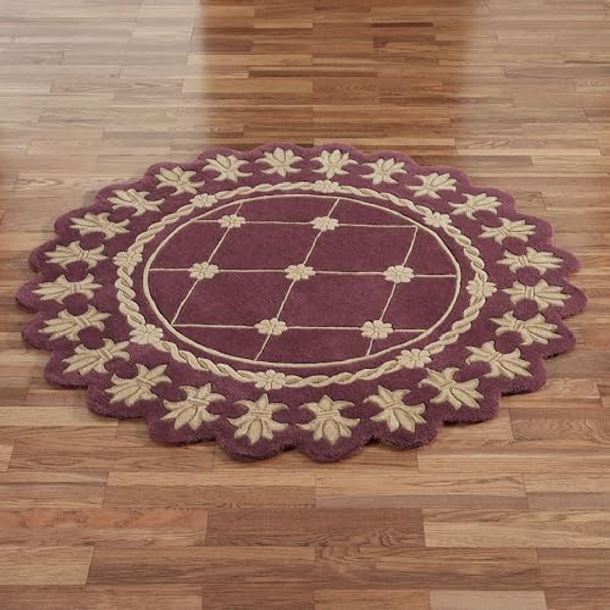 Touch of Class Royal Empire Round Area Rug | 5 feet | Regal Plum Purple with Gold Designs | Royal Fleur-de-lis Frame | Hand-Tufted and Handcarved Pure Wool Circle Area Rug with Contour Edges