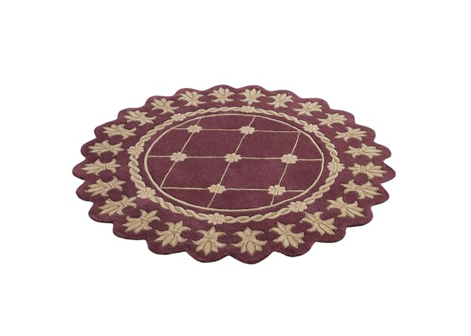 Touch of Class Royal Empire Round Area Rug | 5 feet | Regal Plum Purple with Gold Designs | Royal Fleur-de-lis Frame | Hand-Tufted and Handcarved Pure Wool Circle Area Rug with Contour Edges