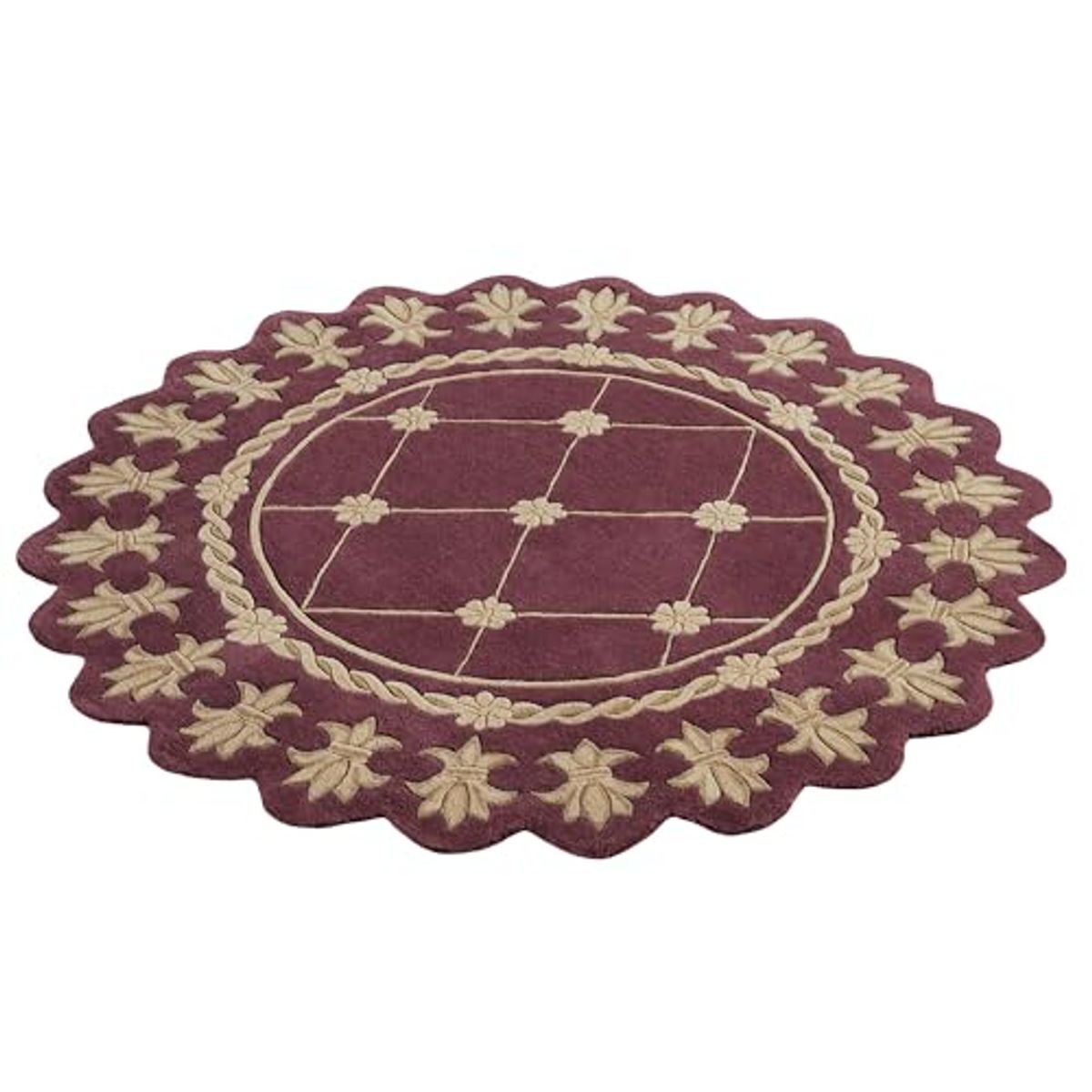 Touch of Class Royal Empire Round Area Rug | 5 feet | Regal Plum Purple with Gold Designs | Royal Fleur-de-lis Frame | Hand-Tufted and Handcarved Pure Wool Circle Area Rug with Contour Edges