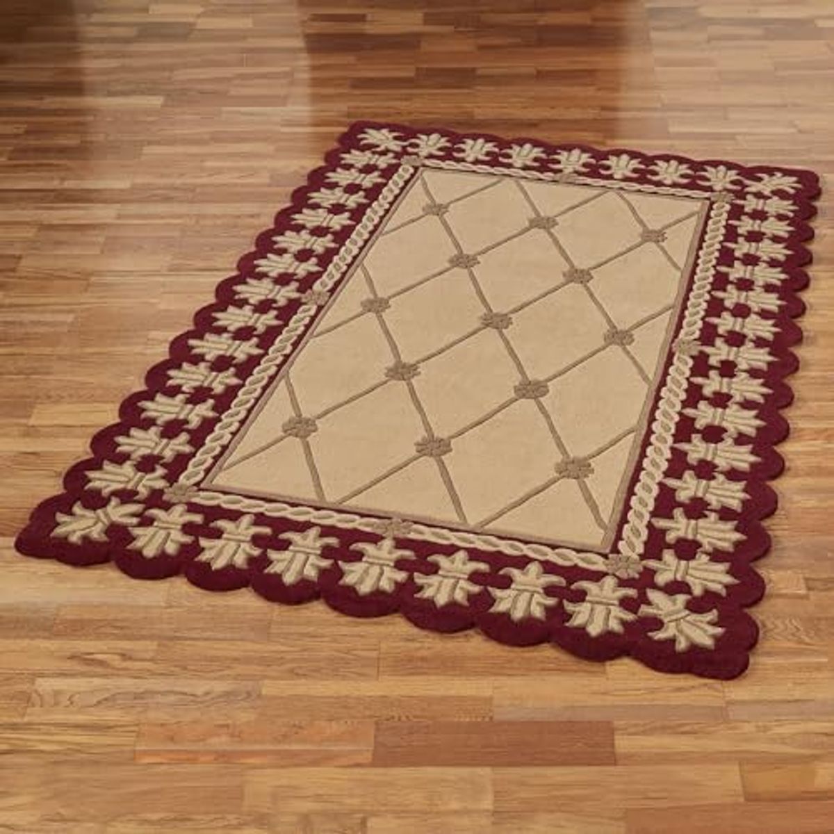 Roman Empire II Area Rug | 5 feet 3 inches x 8 feet 3 inches | Gold with a Burgundy Red Frame | Royal Fleur-de-lis Frame | Hand-tufted and Handcarved Pure Wool Rectangle Area Rug with Contour Edges