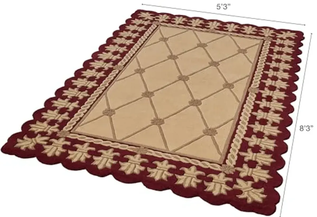 Roman Empire II Area Rug | 5 feet 3 inches x 8 feet 3 inches | Gold with a Burgundy Red Frame | Royal Fleur-de-lis Frame | Hand-tufted and Handcarved Pure Wool Rectangle Area Rug with Contour Edges