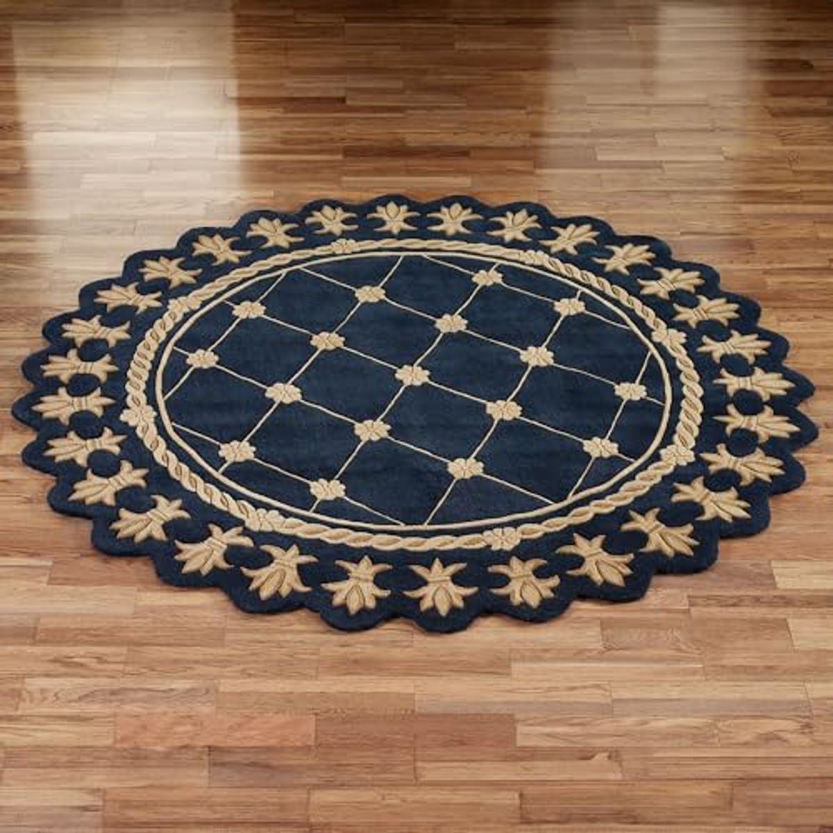 Touch of Class Regal Empire Round Area Rug | 7 feet 6 inches | Gold with a Navy Blue Frame | Royal Fleur-de-lis Frame | Hand-Tufted and Handcarved Pure Wool Circle Area Rug with Contour Edges