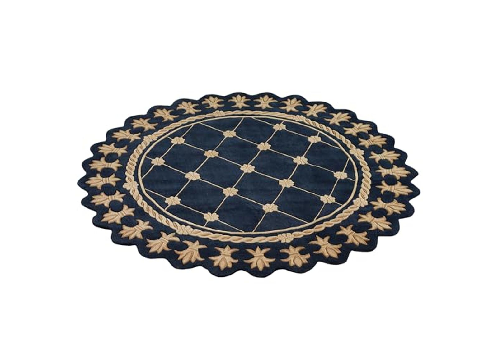 Touch of Class Regal Empire Round Area Rug | 7 feet 6 inches | Gold with a Navy Blue Frame | Royal Fleur-de-lis Frame | Hand-Tufted and Handcarved Pure Wool Circle Area Rug with Contour Edges