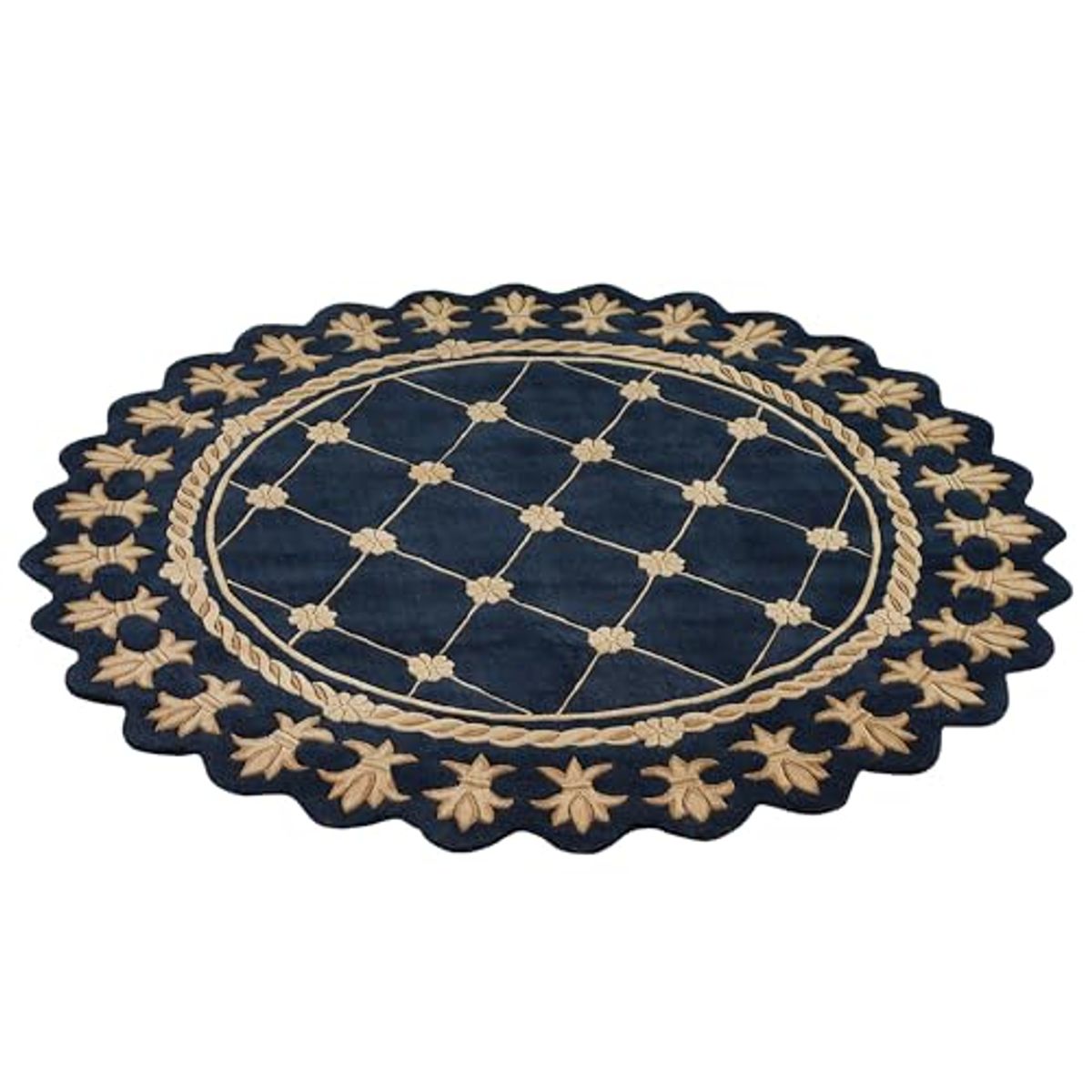 Touch of Class Regal Empire Round Area Rug | 7 feet 6 inches | Gold with a Navy Blue Frame | Royal Fleur-de-lis Frame | Hand-Tufted and Handcarved Pure Wool Circle Area Rug with Contour Edges