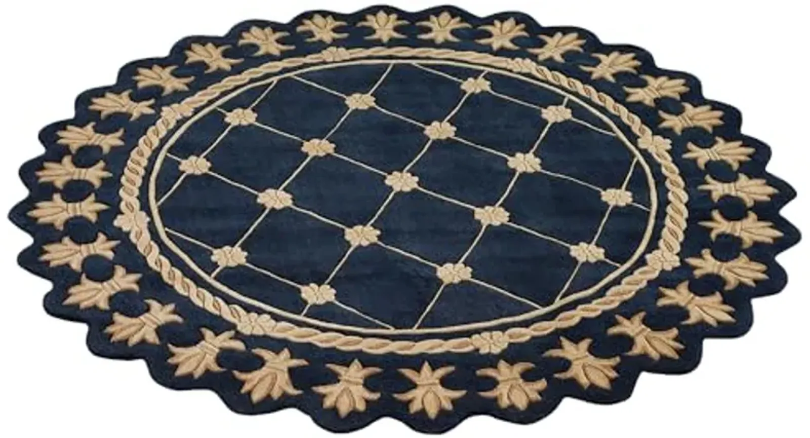 Touch of Class Regal Empire Round Area Rug | 7 feet 6 inches | Gold with a Navy Blue Frame | Royal Fleur-de-lis Frame | Hand-Tufted and Handcarved Pure Wool Circle Area Rug with Contour Edges