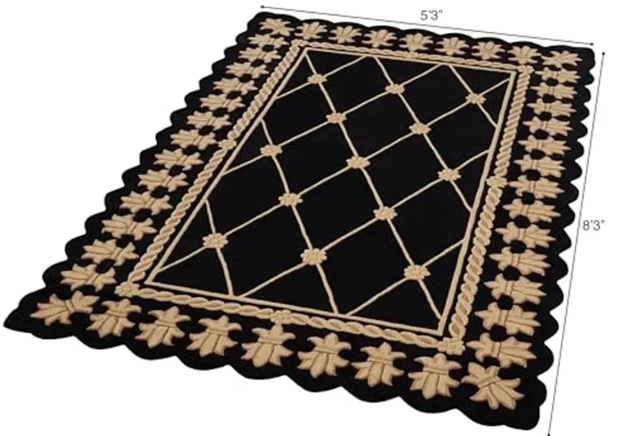 Onyx Empire II Area Rug | 5 feet 3 inches x 8 feet 3 inches | Classic Black with Gold Designs | Royal Fleur-de-lis Frame | Hand-Tufted and Handcarved Pure Wool Rectangle Area Rug with Contour Edges