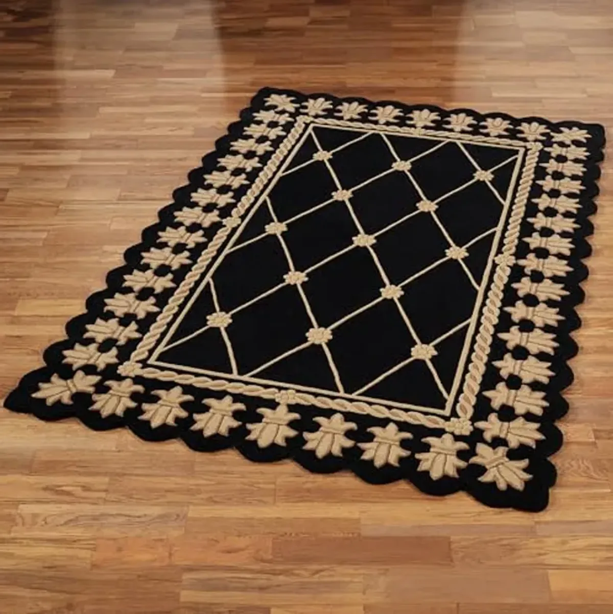 Onyx Empire II Area Rug | 5 feet 3 inches x 8 feet 3 inches | Classic Black with Gold Designs | Royal Fleur-de-lis Frame | Hand-Tufted and Handcarved Pure Wool Rectangle Area Rug with Contour Edges