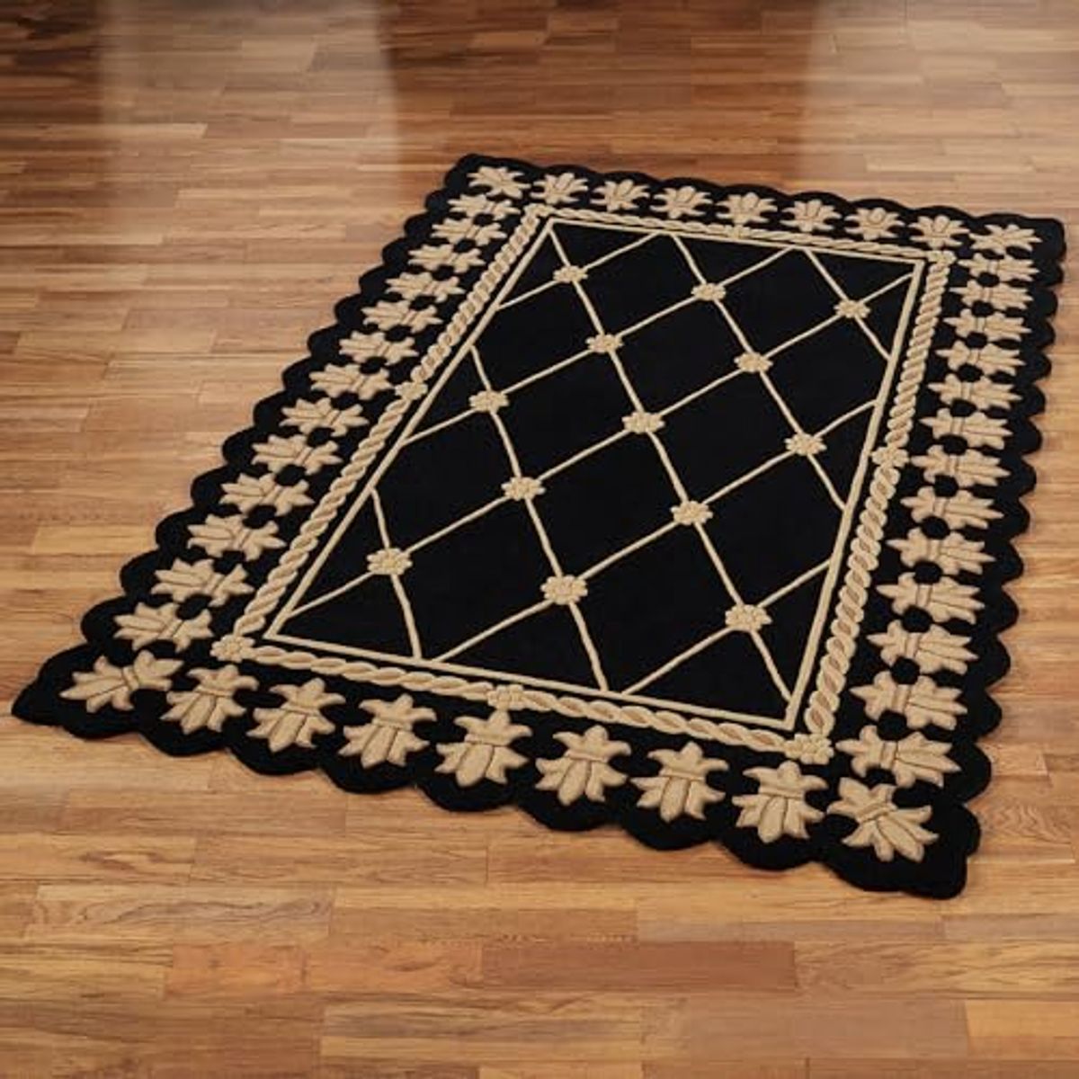 Onyx Empire II Area Rug | 5 feet 3 inches x 8 feet 3 inches | Classic Black with Gold Designs | Royal Fleur-de-lis Frame | Hand-Tufted and Handcarved Pure Wool Rectangle Area Rug with Contour Edges