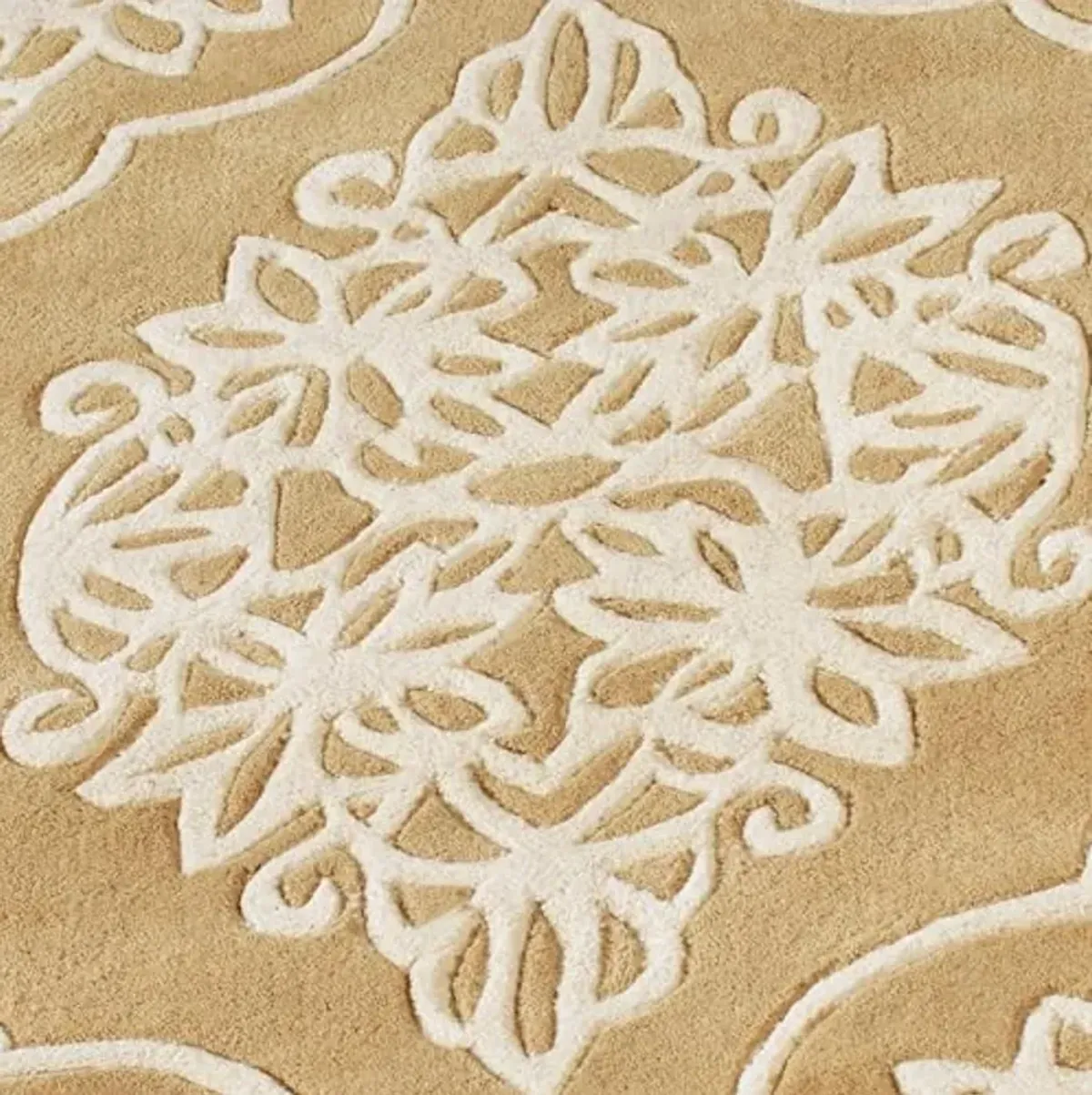 Golden Lace Area Rug | 2 feet 6 inches x 4 feet 2 inches | Antique Gold and Champagne | Elegant Scrollwork Medallion and Dotted Pearl Border | Hand-Tufted and Handcarved Pure Wool Rectangle Area Rug