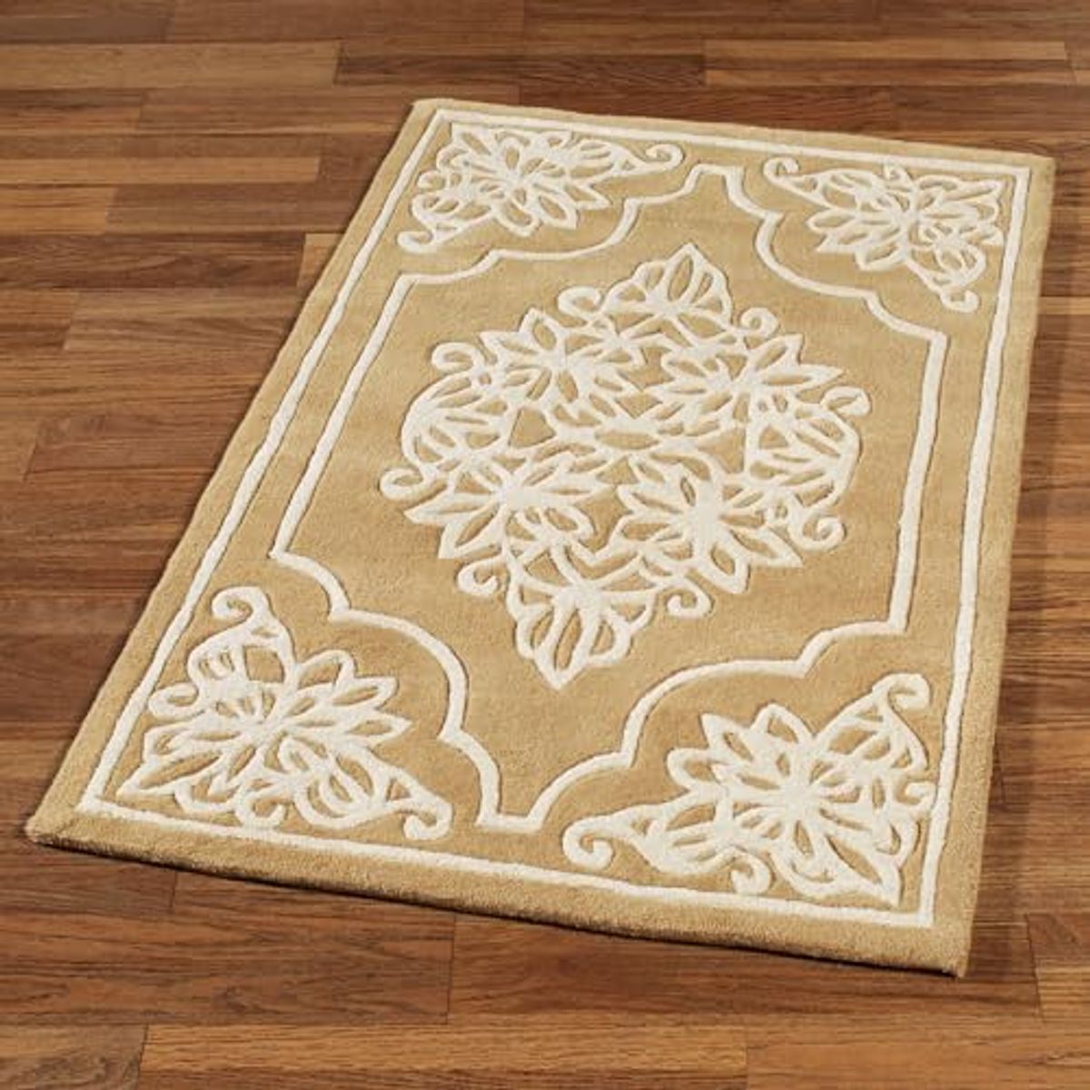 Golden Lace Area Rug | 2 feet 6 inches x 4 feet 2 inches | Antique Gold and Champagne | Elegant Scrollwork Medallion and Dotted Pearl Border | Hand-Tufted and Handcarved Pure Wool Rectangle Area Rug