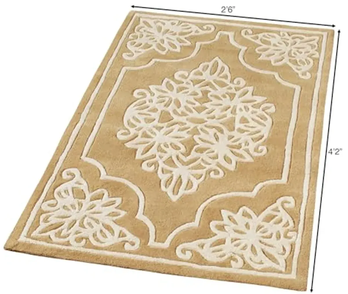 Golden Lace Area Rug | 2 feet 6 inches x 4 feet 2 inches | Antique Gold and Champagne | Elegant Scrollwork Medallion and Dotted Pearl Border | Hand-Tufted and Handcarved Pure Wool Rectangle Area Rug