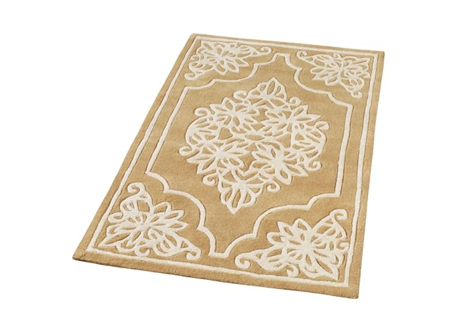 Golden Lace Area Rug | 2 feet 6 inches x 4 feet 2 inches | Antique Gold and Champagne | Elegant Scrollwork Medallion and Dotted Pearl Border | Hand-Tufted and Handcarved Pure Wool Rectangle Area Rug