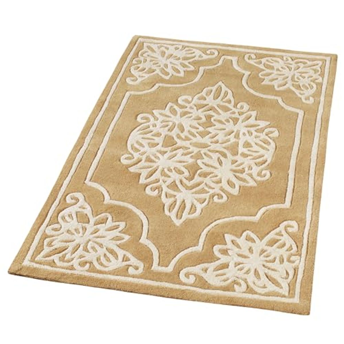 Golden Lace Area Rug | 2 feet 6 inches x 4 feet 2 inches | Antique Gold and Champagne | Elegant Scrollwork Medallion and Dotted Pearl Border | Hand-Tufted and Handcarved Pure Wool Rectangle Area Rug