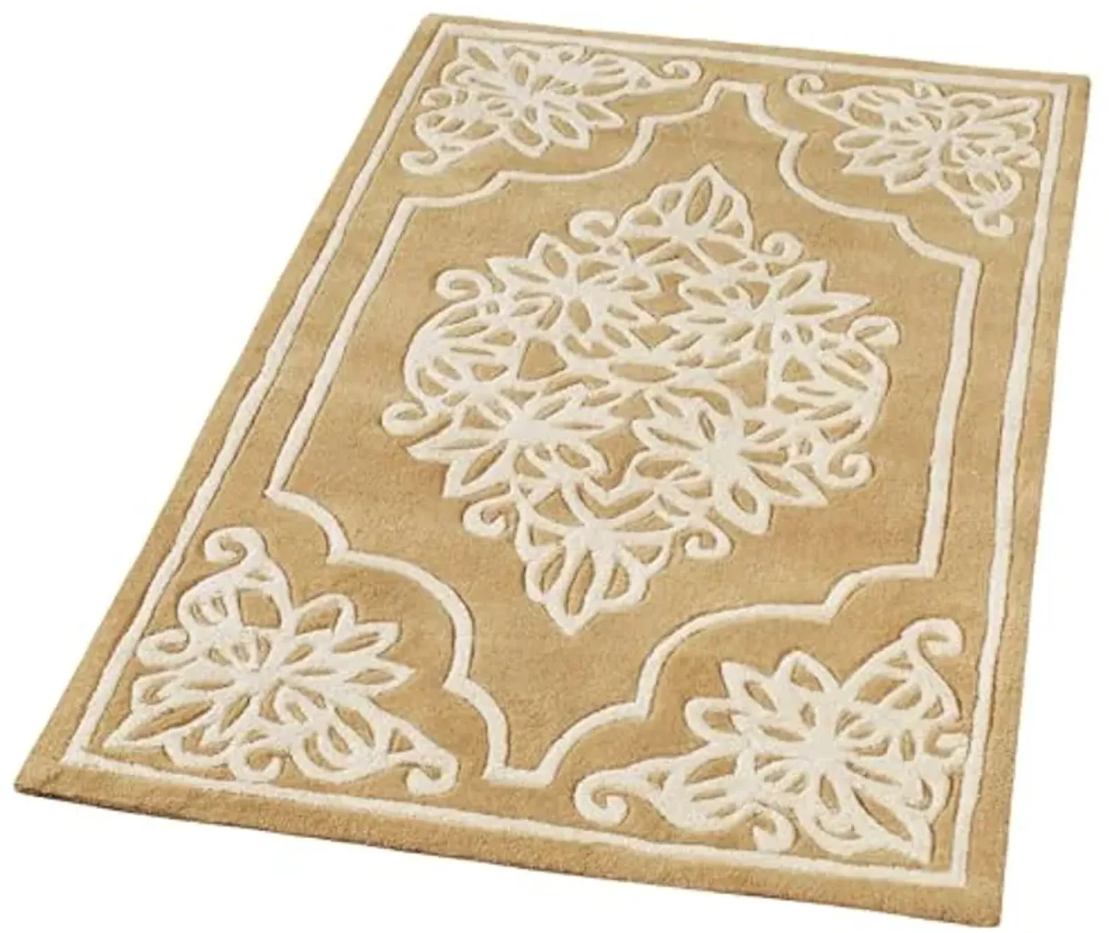 Golden Lace Area Rug | 2 feet 6 inches x 4 feet 2 inches | Antique Gold and Champagne | Elegant Scrollwork Medallion and Dotted Pearl Border | Hand-Tufted and Handcarved Pure Wool Rectangle Area Rug