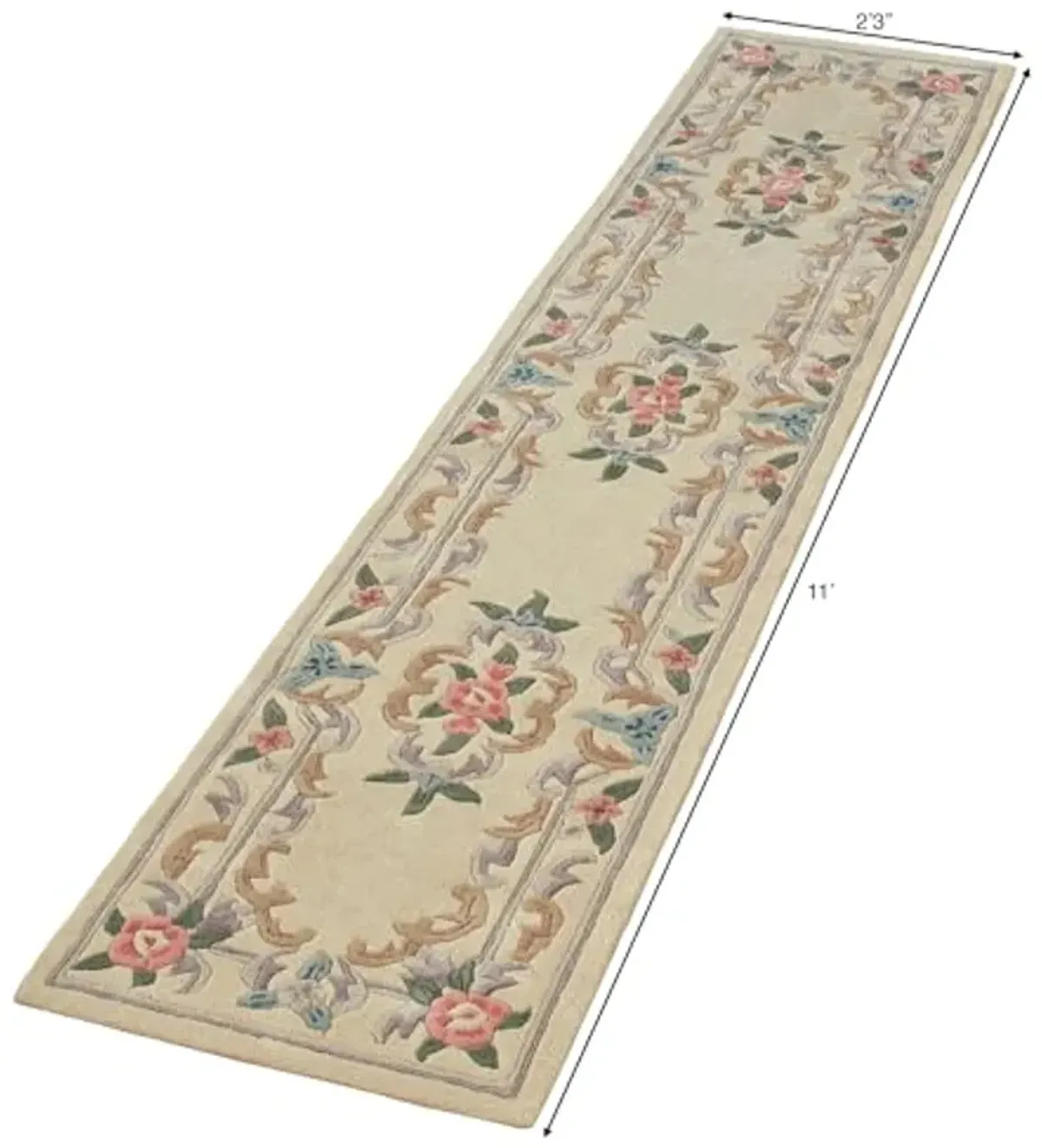 Traditional Floral Serena Aubusson II Runner Rug | 2 feet 3 inches x 11 feet | Neutral Ivory | Handcarved, Hand-tufted, Luster Washed, Thick Pure Wool Rectangle Runner with Flowers and Scrollwork