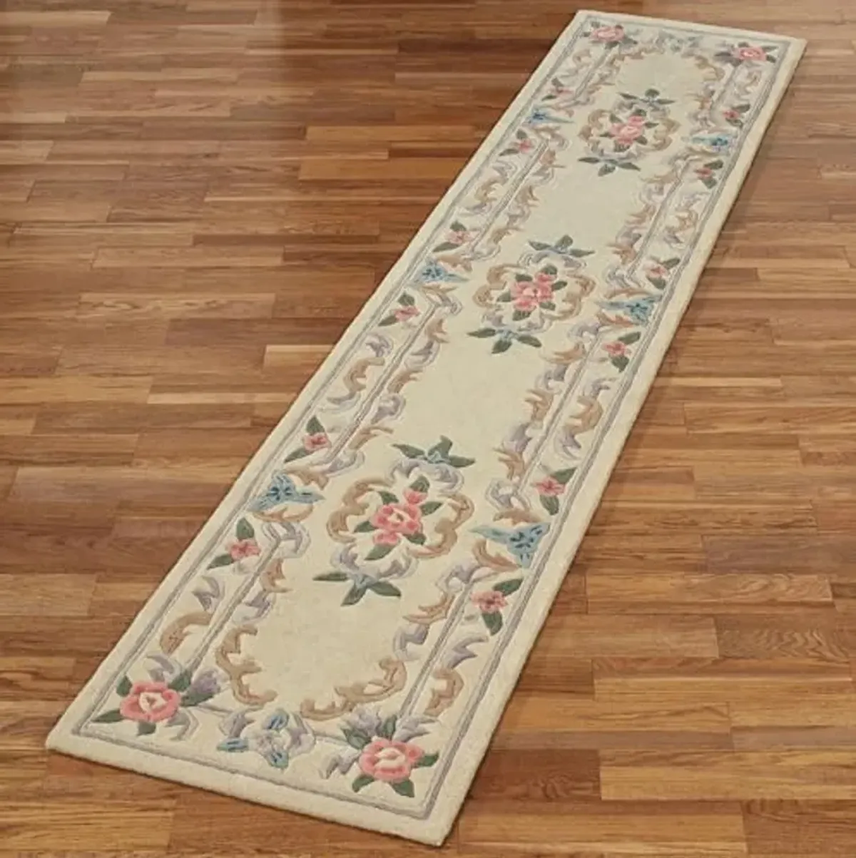 Traditional Floral Serena Aubusson II Runner Rug | 2 feet 3 inches x 11 feet | Neutral Ivory | Handcarved, Hand-tufted, Luster Washed, Thick Pure Wool Rectangle Runner with Flowers and Scrollwork