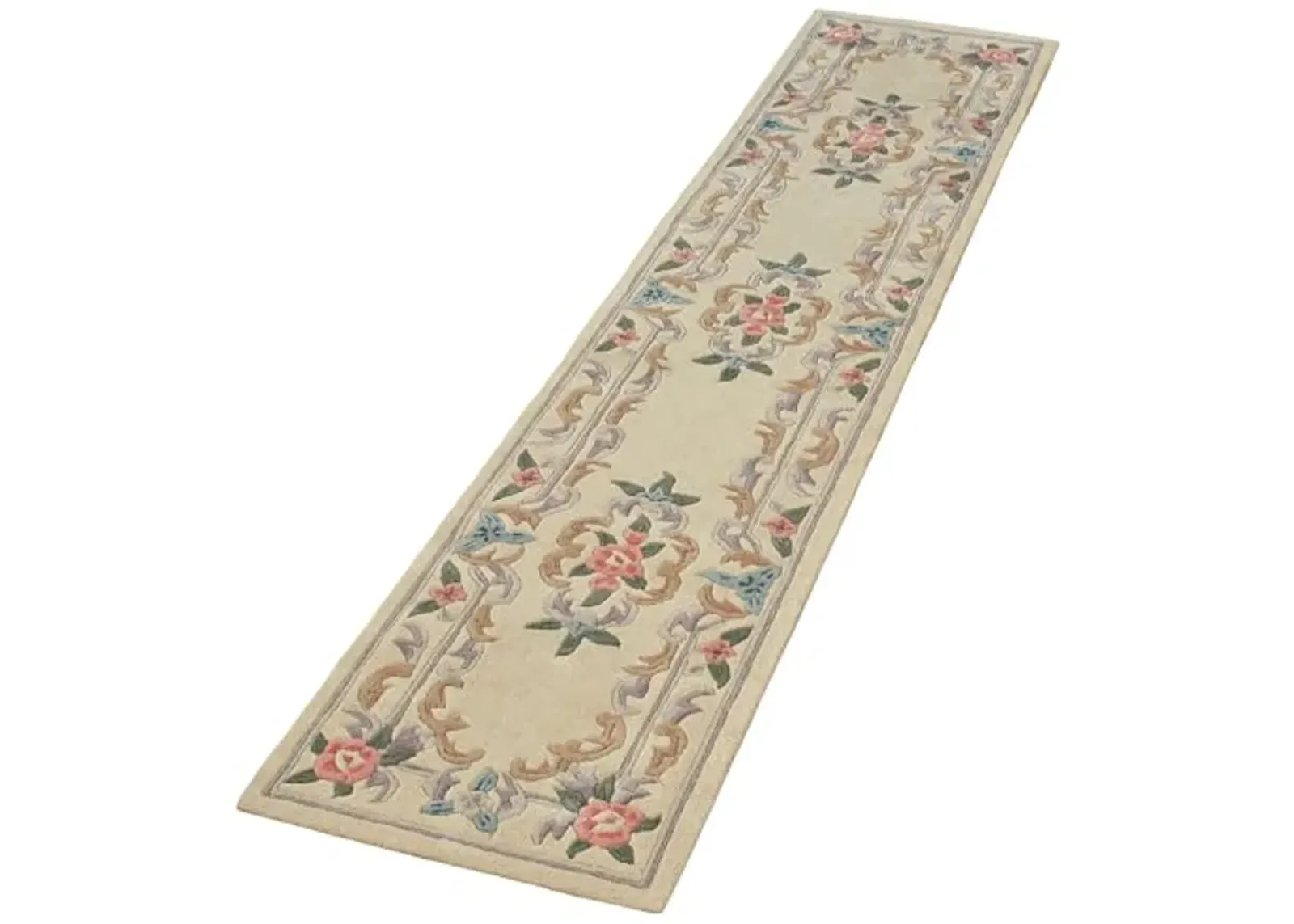 Traditional Floral Serena Aubusson II Runner Rug | 2 feet 3 inches x 11 feet | Neutral Ivory | Handcarved, Hand-tufted, Luster Washed, Thick Pure Wool Rectangle Runner with Flowers and Scrollwork