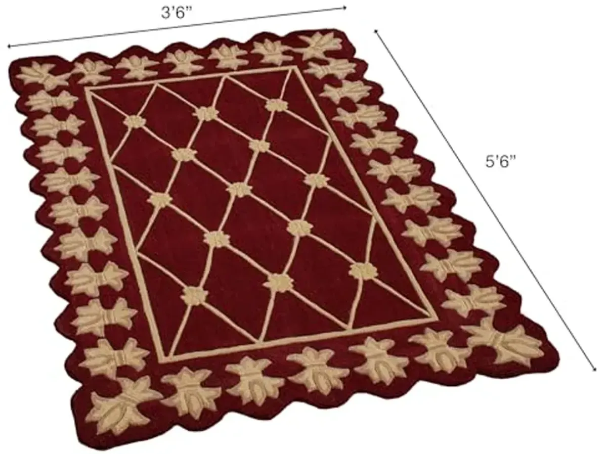 Roman Empire II Area Rug | 3 feet 6 inches x 5 feet 6 inches | Rich Burgundy Red with Gold Designs | Royal Fleur-de-lis Frame | Hand-tufted and Handcarved Pure Wool Rectangle Rug with Contour Edges