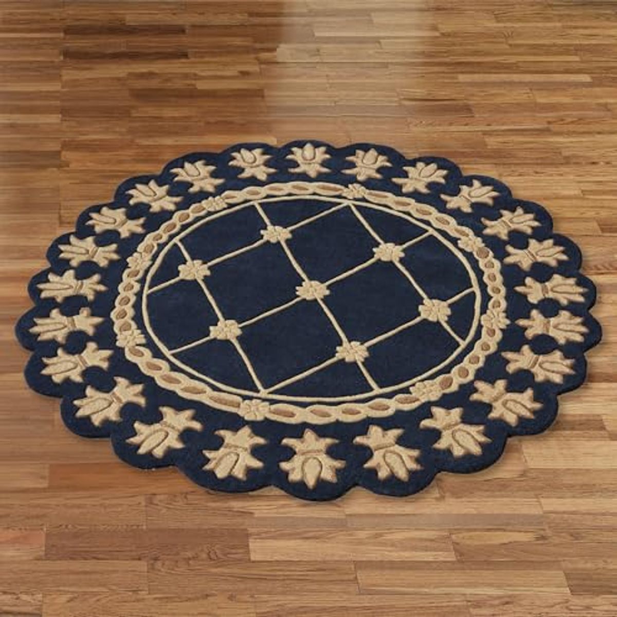 Touch of Class Regal Empire Round Area Rug | 5 feet | Navy Blue with Gold Designs | Royal Fleur-de-lis Frame | Hand-Tufted and Handcarved Pure Wool Circle Area Rug with Contour Edges