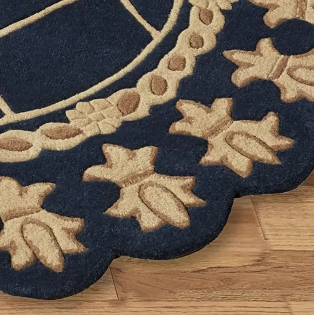 Touch of Class Regal Empire Round Area Rug | 5 feet | Navy Blue with Gold Designs | Royal Fleur-de-lis Frame | Hand-Tufted and Handcarved Pure Wool Circle Area Rug with Contour Edges