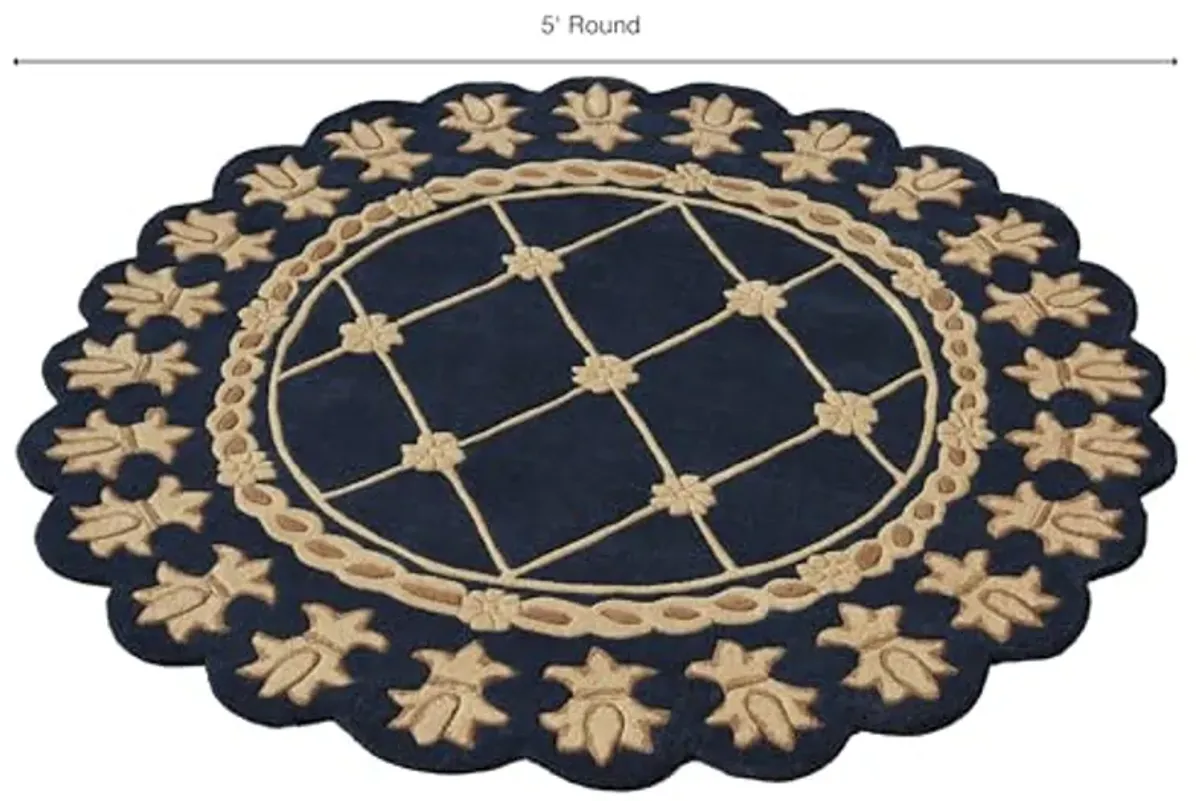 Touch of Class Regal Empire Round Area Rug | 5 feet | Navy Blue with Gold Designs | Royal Fleur-de-lis Frame | Hand-Tufted and Handcarved Pure Wool Circle Area Rug with Contour Edges