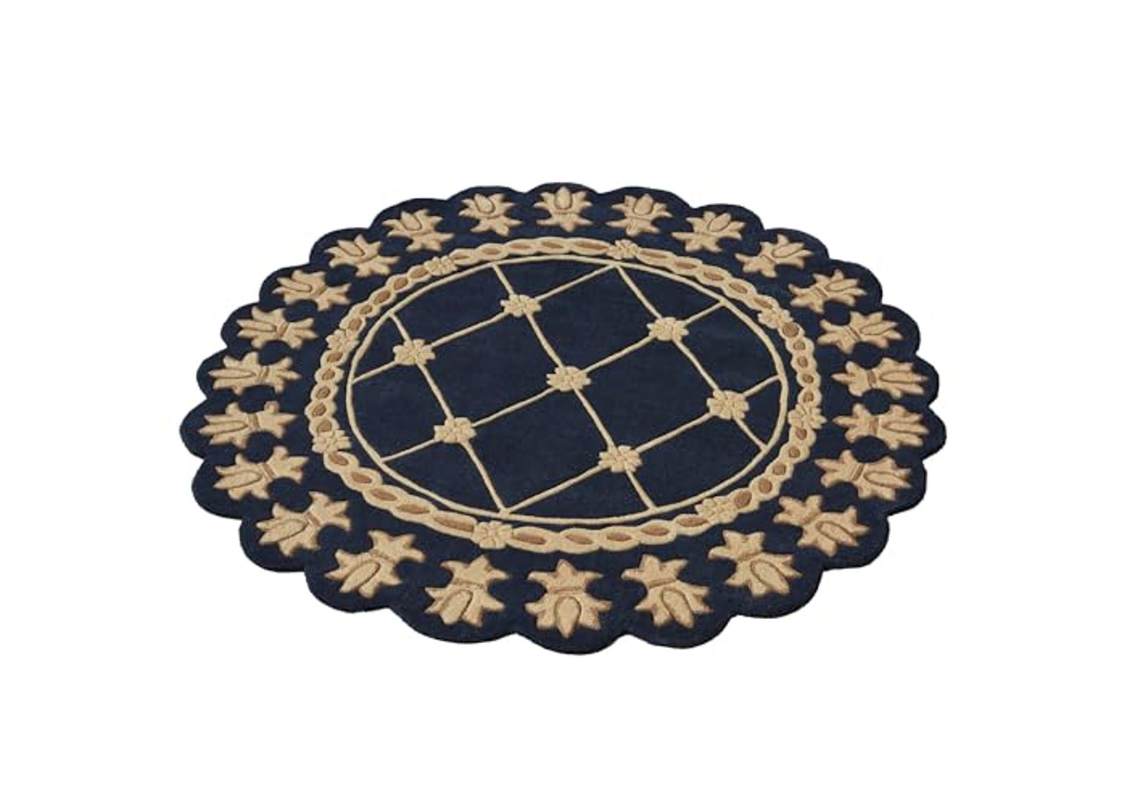 Touch of Class Regal Empire Round Area Rug | 5 feet | Navy Blue with Gold Designs | Royal Fleur-de-lis Frame | Hand-Tufted and Handcarved Pure Wool Circle Area Rug with Contour Edges