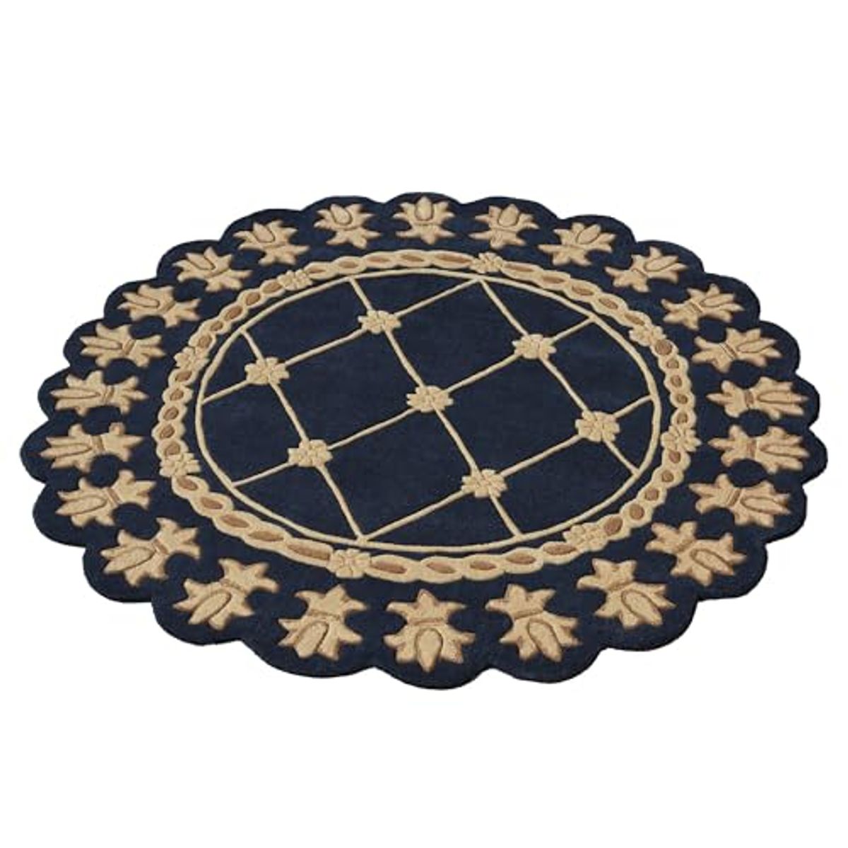 Touch of Class Regal Empire Round Area Rug | 5 feet | Navy Blue with Gold Designs | Royal Fleur-de-lis Frame | Hand-Tufted and Handcarved Pure Wool Circle Area Rug with Contour Edges