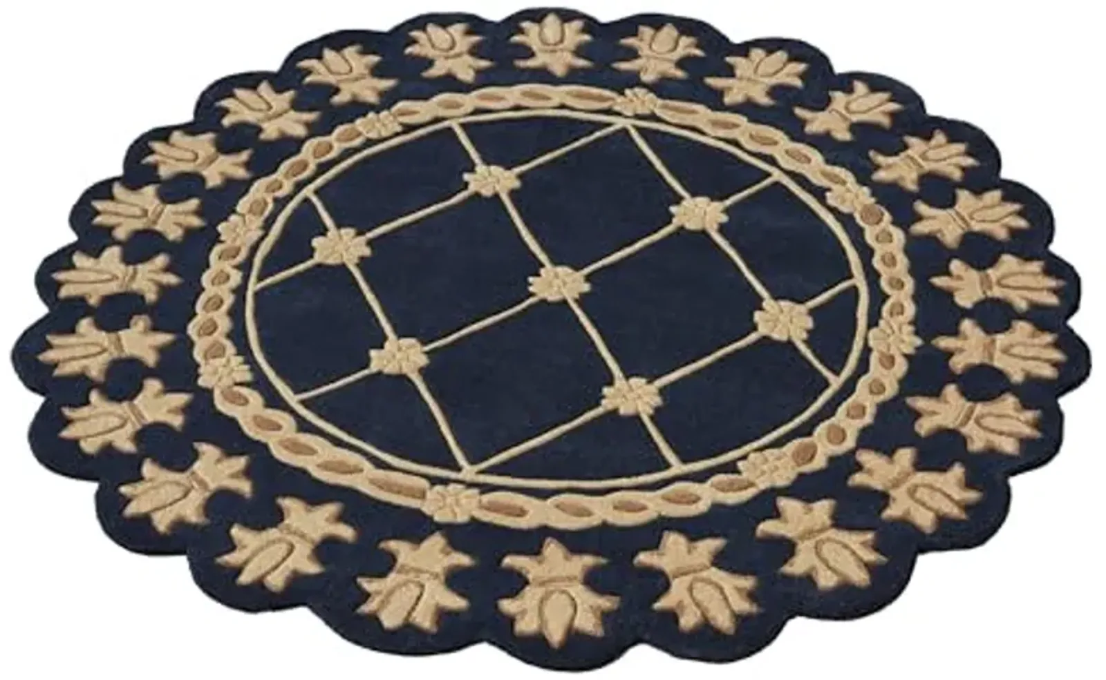 Touch of Class Regal Empire Round Area Rug | 5 feet | Navy Blue with Gold Designs | Royal Fleur-de-lis Frame | Hand-Tufted and Handcarved Pure Wool Circle Area Rug with Contour Edges