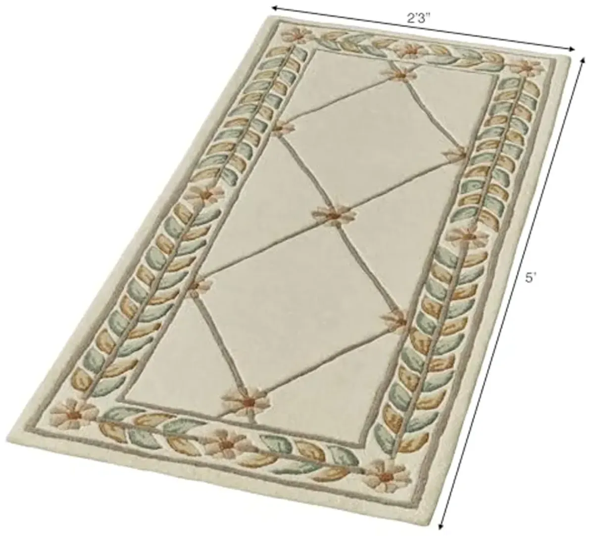 Fleurette Traditional Runner Rug | 2 feet 3 inches x 5 feet | Neutral Classic Ivory | Elegant Hand-Tufted & Handcarved Pure Wool Rectangle Runner Rug | Timeless Diamond Latticework, Florals & Leaves