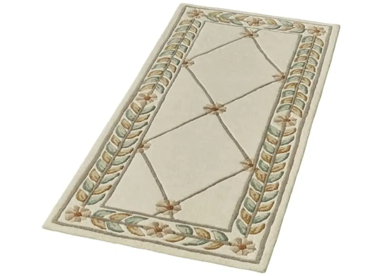 Fleurette Traditional Runner Rug | 2 feet 3 inches x 5 feet | Neutral Classic Ivory | Elegant Hand-Tufted & Handcarved Pure Wool Rectangle Runner Rug | Timeless Diamond Latticework, Florals & Leaves