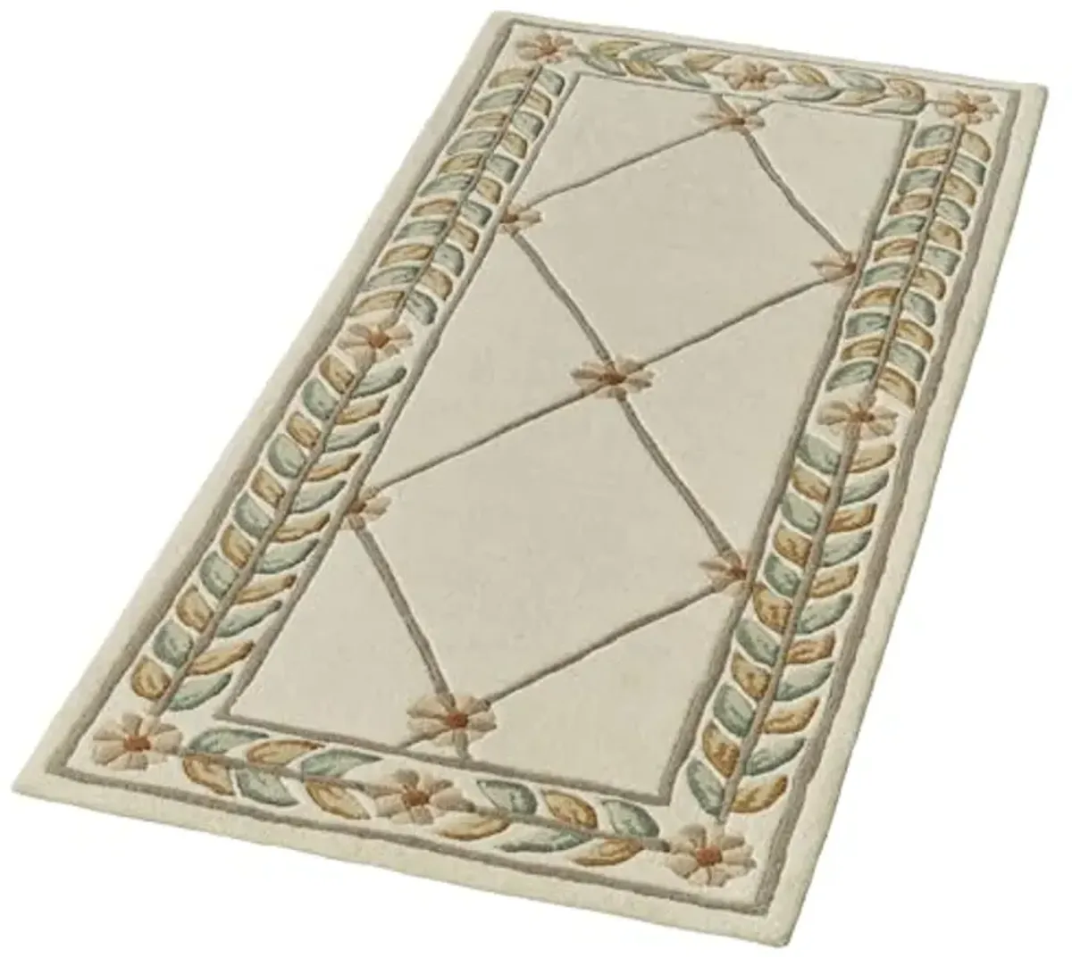 Fleurette Traditional Runner Rug | 2 feet 3 inches x 5 feet | Neutral Classic Ivory | Elegant Hand-Tufted & Handcarved Pure Wool Rectangle Runner Rug | Timeless Diamond Latticework, Florals & Leaves