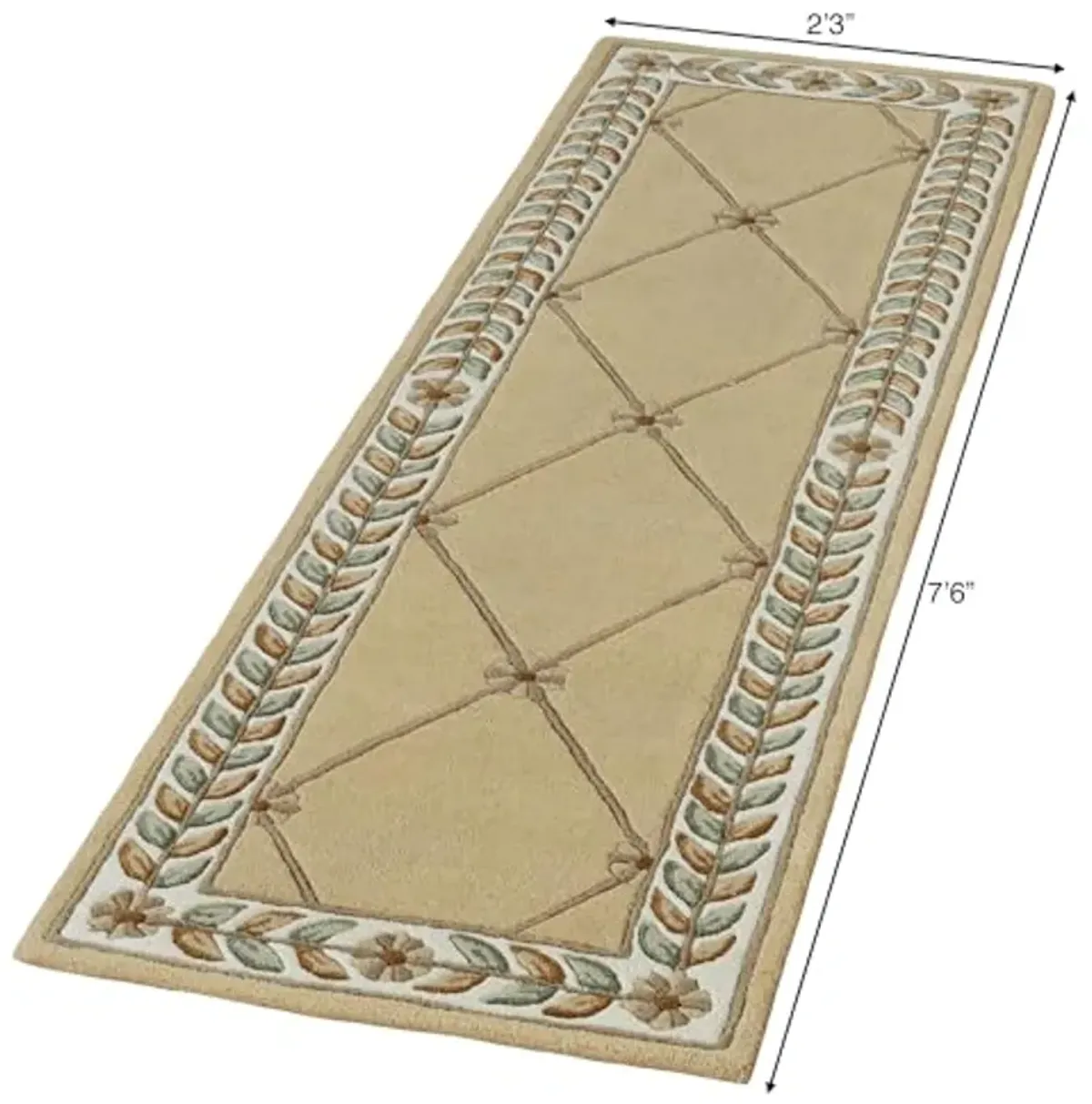 Fleurette Traditional Runner Rug | 2 feet 3 inches x 7 feet 6 inches | Antique Classic Gold | Elegant Hand-tufted & Handcarved Pure Wool Rectangle Runner Rug with Diamond Latticework, Florals & Leaves