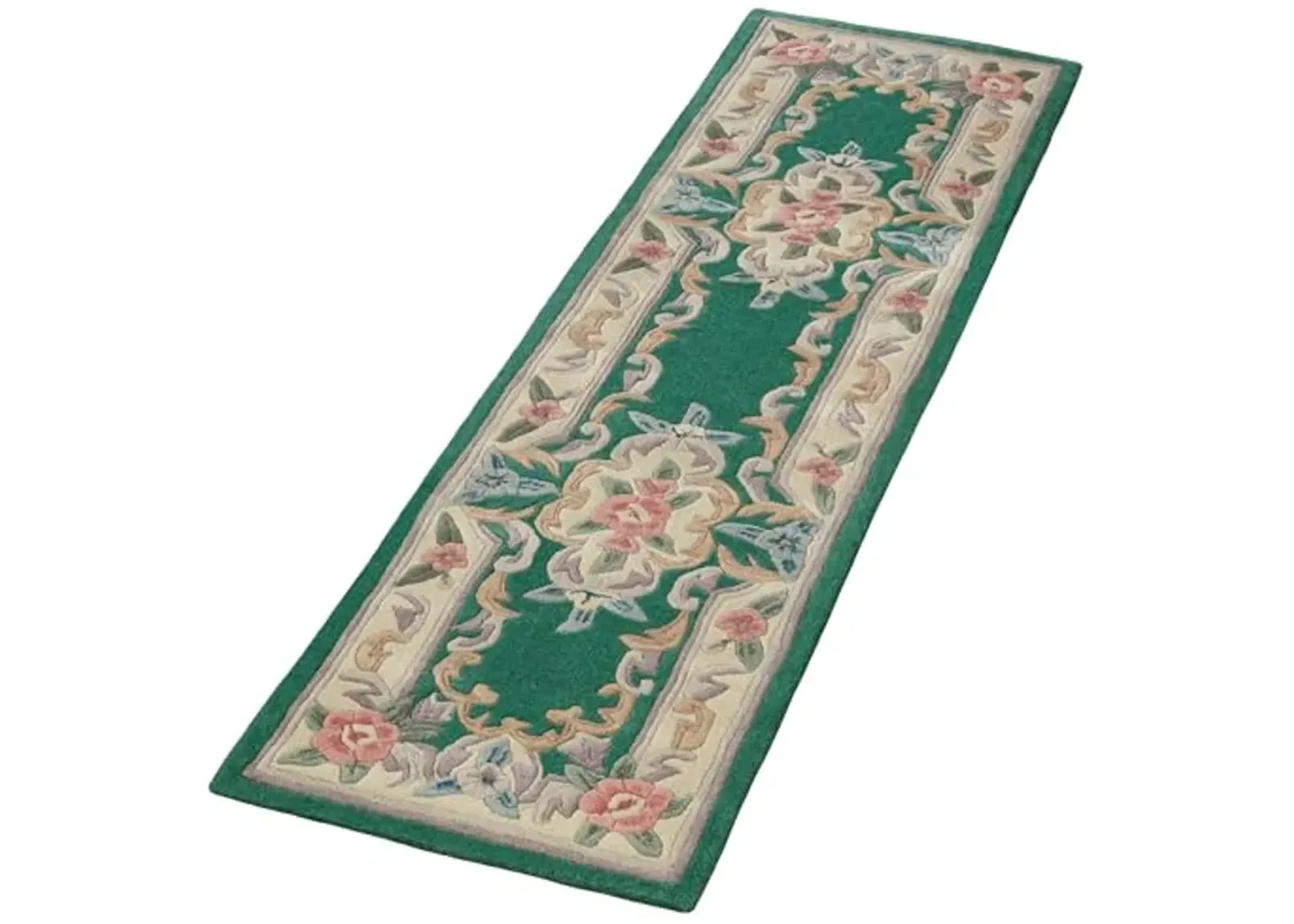 Traditional Floral Serena Aubusson II Runner Rug | 2 feet x 7 feet 6 inches | Emerald Green | Handcarved, Hand-tufted, Luster Washed, Thick Pure Wool Rectangle Runner with Flowers and Grand Frames