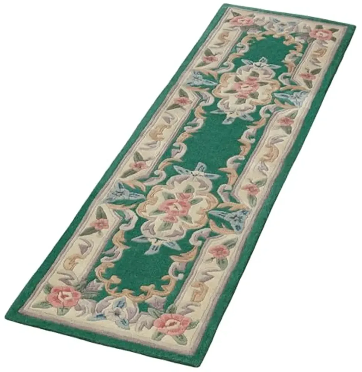 Traditional Floral Serena Aubusson II Runner Rug | 2 feet x 7 feet 6 inches | Emerald Green | Handcarved, Hand-tufted, Luster Washed, Thick Pure Wool Rectangle Runner with Flowers and Grand Frames