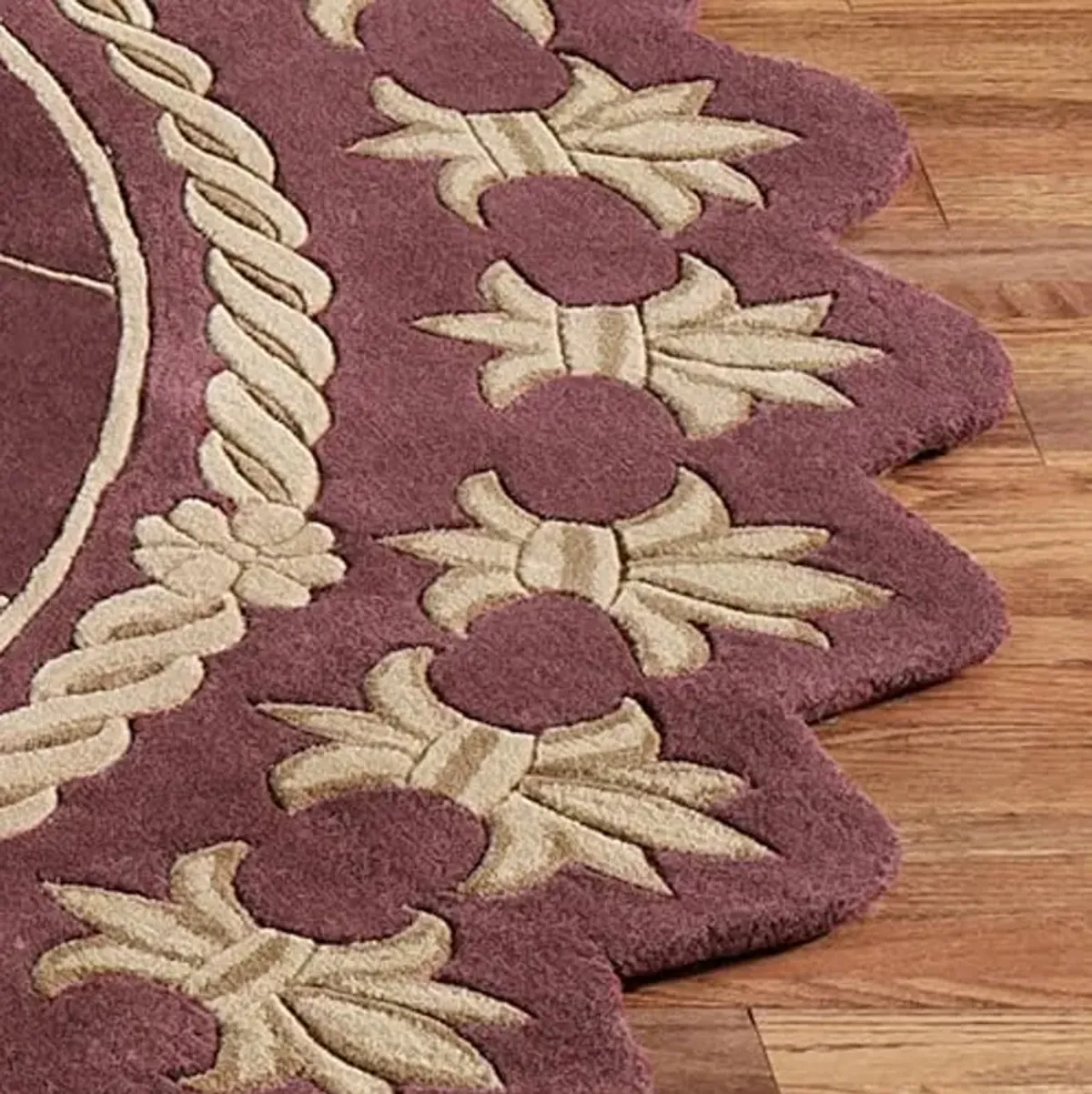 Touch of Class Royal Empire Round Area Rug | 7 feet 6 inches | Regal Plum Purple with Gold Designs | Royal Fleur-de-lis Frame | Hand-Tufted and Handcarved Pure Wool Circle Area Rug with Contour Edges