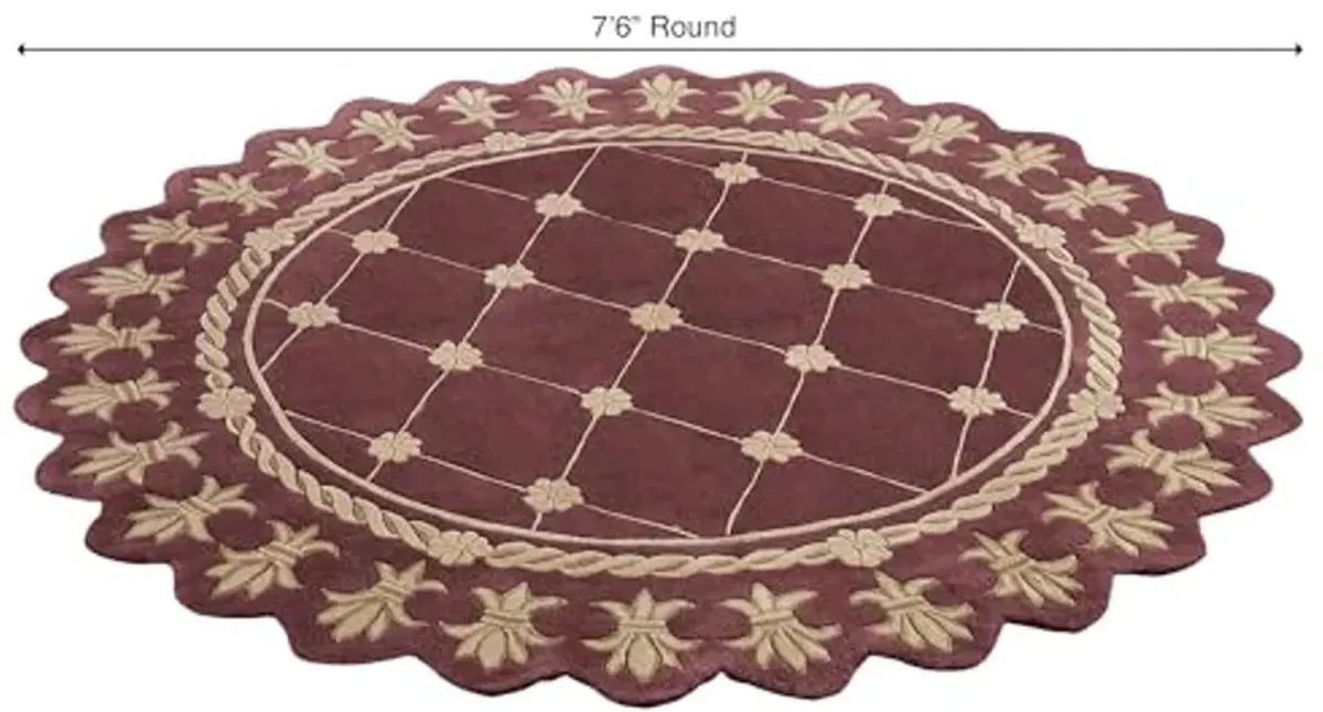 Touch of Class Royal Empire Round Area Rug | 7 feet 6 inches | Regal Plum Purple with Gold Designs | Royal Fleur-de-lis Frame | Hand-Tufted and Handcarved Pure Wool Circle Area Rug with Contour Edges