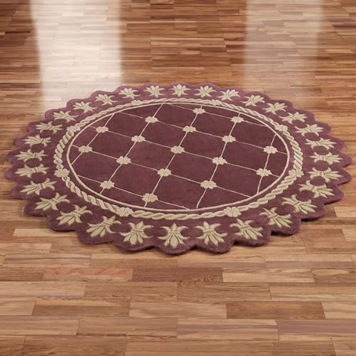 Touch of Class Royal Empire Round Area Rug | 7 feet 6 inches | Regal Plum Purple with Gold Designs | Royal Fleur-de-lis Frame | Hand-Tufted and Handcarved Pure Wool Circle Area Rug with Contour Edges