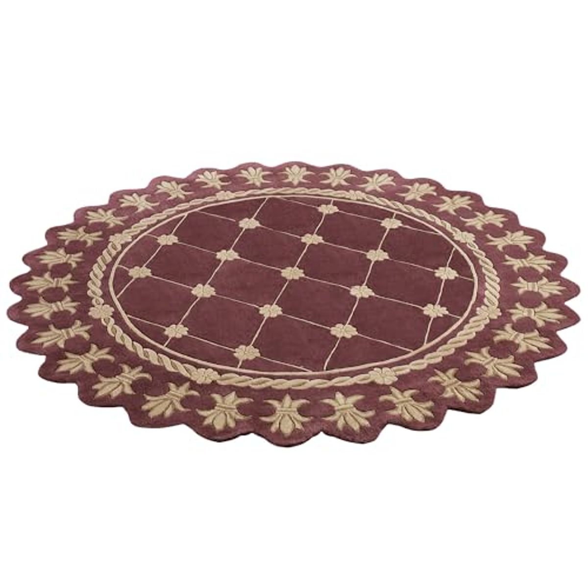 Touch of Class Royal Empire Round Area Rug | 7 feet 6 inches | Regal Plum Purple with Gold Designs | Royal Fleur-de-lis Frame | Hand-Tufted and Handcarved Pure Wool Circle Area Rug with Contour Edges