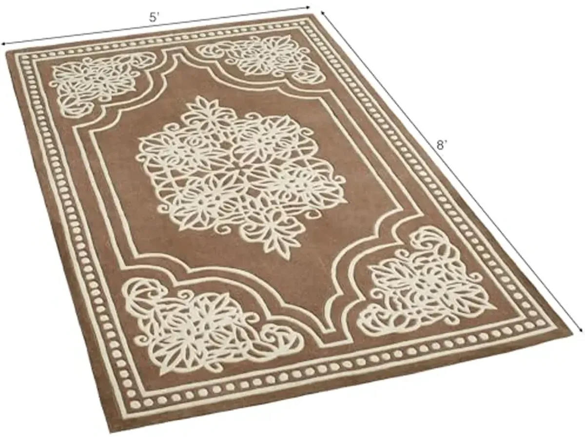 Venice Lace Area Rug | 5 feet x 8 feet | Neutral, Jewel Toned Topaz and Light Cream | Elegant Scrollwork Medallion and Dotted Pearl Border | Hand-Tufted and Handcarved Pure Wool Rectangle Area Rug